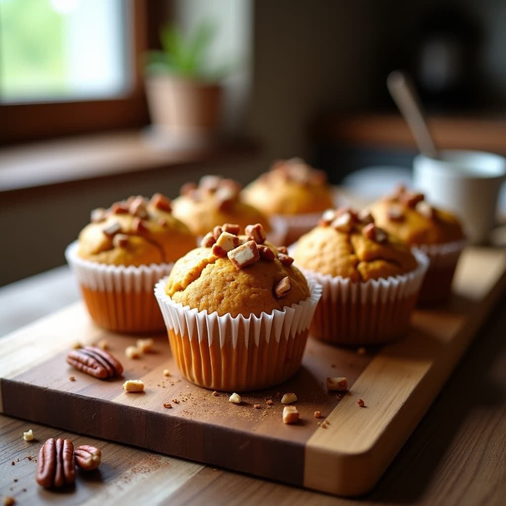 Muffins dorados de calabaza y jengibre con topping crujiente de pecanas, servidos en capacillos de papel sobre una tabla de madera rústica, receta sin gluten y sin azúcar para Thermomix.