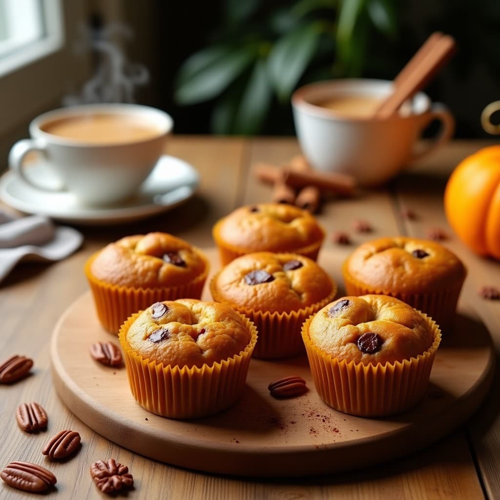 Seis muffins dorados de calabaza kabocha y especias chai en moldes de silicona, con trocitos de nueces pecanas tostadas en la superficie, servidos sobre una tabla de madera rústica con una taza de té chai al fondo.