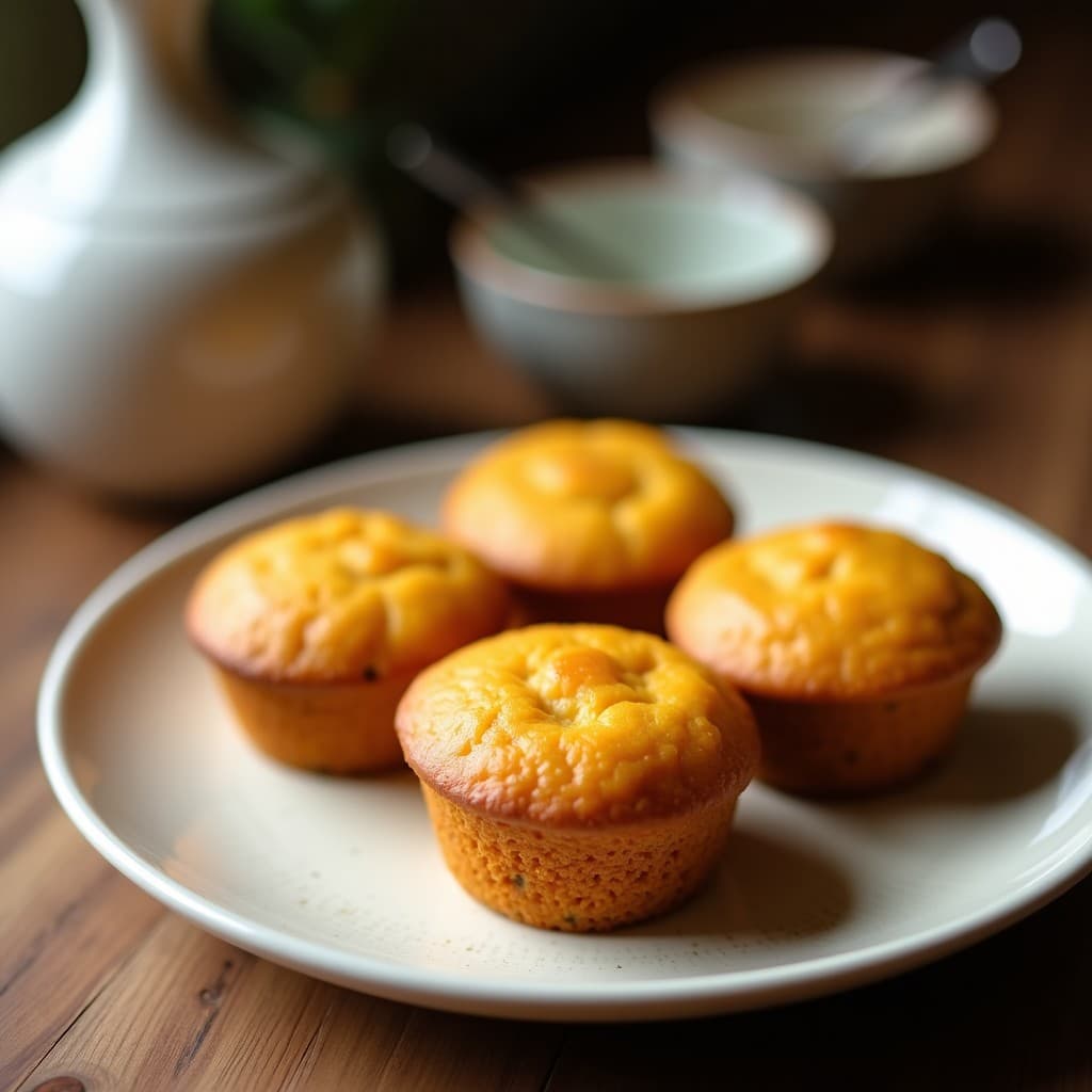 Muffins dorados de calabaza kabocha y harina de coco en cápsulas de papel, con textura esponjosa y semillas de chía visibles, servidos en una bandeja de madera rústica, receta keto sin azúcar.