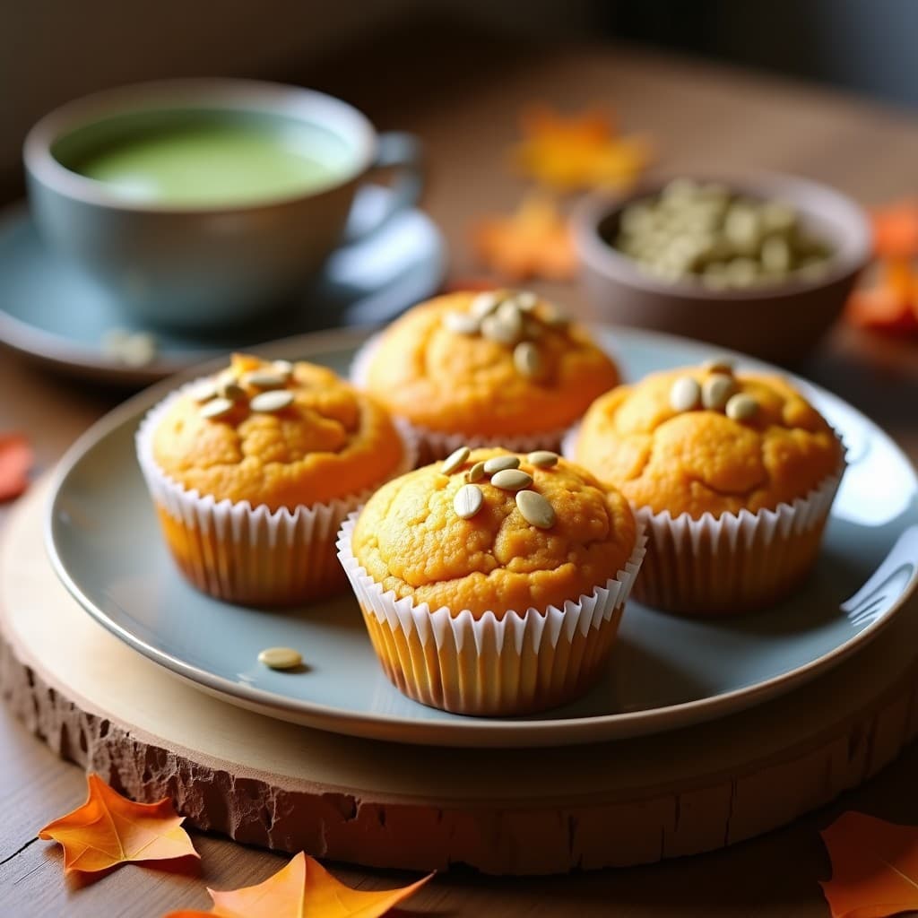 Muffins de calabaza kabocha dorados con semillas de calabaza tostadas en la superficie, servidos en cápsulas de papel sobre una rejilla de madera. Postre japonés keto sin harina, con textura esponjosa y toques umami.