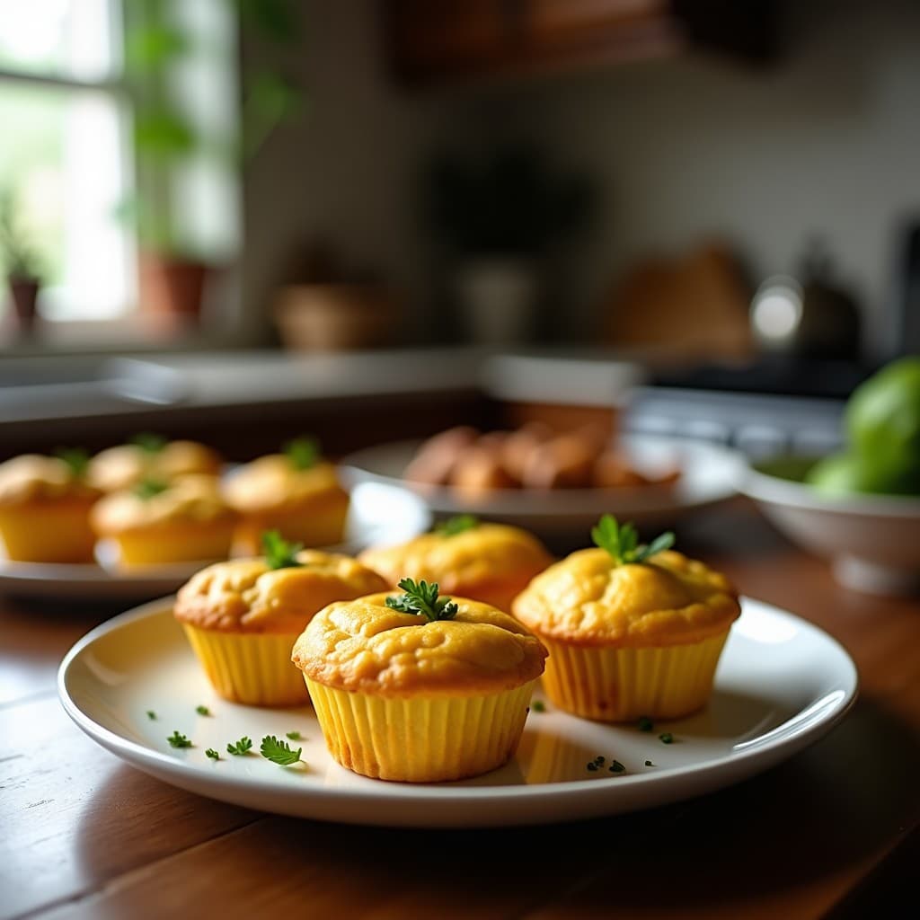 Muffins dorados de calabaza kabocha y queso feta en cápsulas de papel marrón, con semillas de calabaza en la superficie, servidos en una bandeja de madera rústica. Receta sin gluten y rica en hierro en airfryer.