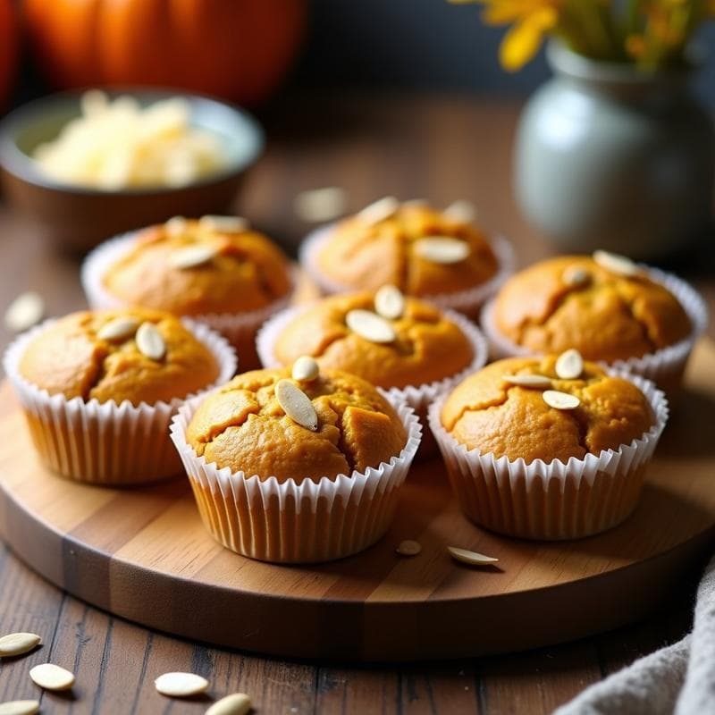 Muffins dorados de calabaza y queso de almendras keto en airfryer, con textura esponjosa y semillas de calabaza en la superficie, servidos en cápsulas de papel sobre una tabla de madera rústica.