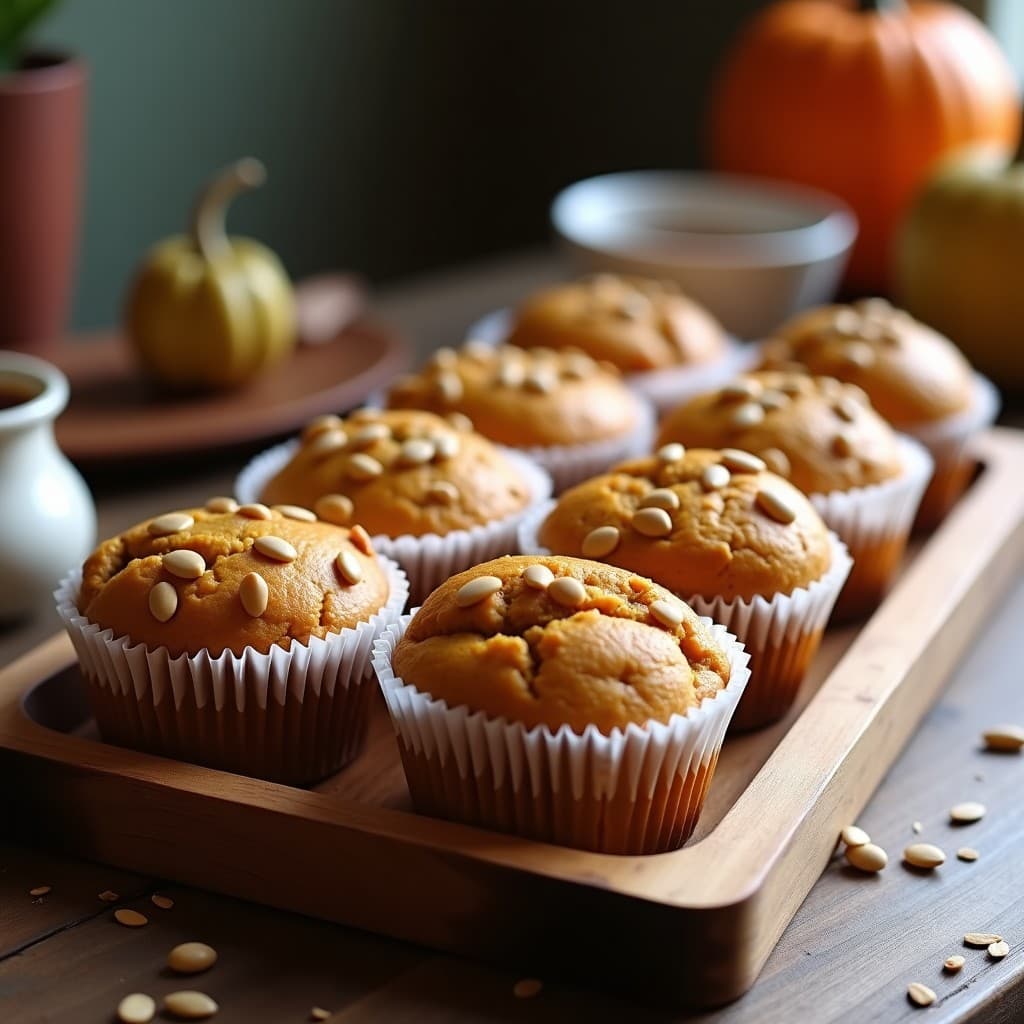 Muffins dorados de calabaza y semillas de lino en cápsulas de papel, con semillas de calabaza crujientes por encima, servidos en una bandeja de madera rústica. Receta vegana sin harina para desayuno saludable.