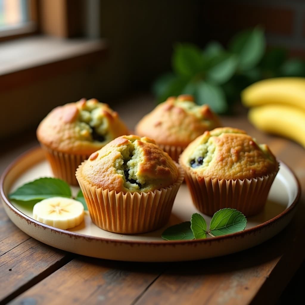 Muffins dorados y esponjosos de chaya y banano en molde de papel, con textura húmeda y trozos de banano visibles, servidos sobre una mesa rústica de madera con hojas de chaya frescas al lado.