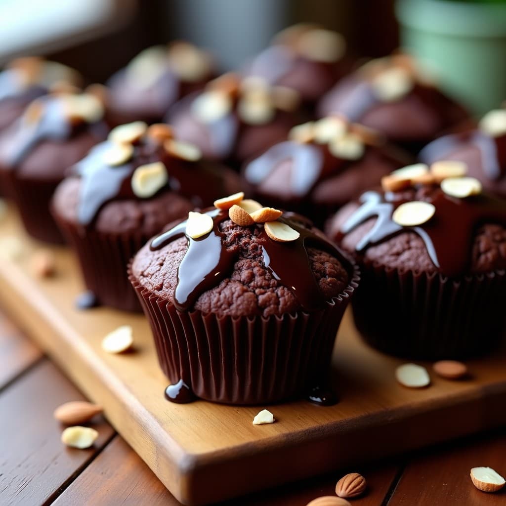 Muffins veganos de chocolate y batata morada con glaseado de cacao brillante, decorados con almendras fileteadas y servidos en molde de papel sobre tabla de madera rústica. Desayuno saludable sin harina y alto en antioxidantes.