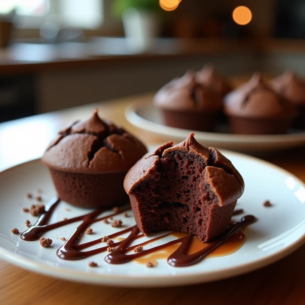 Muffins esponjosos de chocolate negro con trozos de frambuos liofilizados y almendras fileteadas en la superficie, sobre un plato de madera rústica. Receta de muffins de chocolate y puré de boniato sin gluten, alta en fibra y perfecta para desayunos saludables.