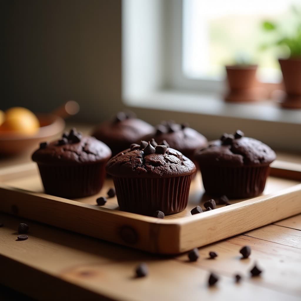 Muffins de chocolate y semillas de chía recién horneados, con textura esponjosa y chips de chocolate negro derretido en la superficie. Servidos en una bandeja de madera rústica con semillas de chía espolvoreadas alrededor.