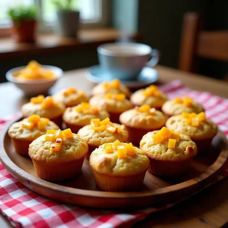 Muffins salados dorados con trozos de chutney de mango y queso cheddar derretido, decorados con cebollino picado y nueces, servidos en cápsulas de papel sobre una tabla de madera rústica, receta británica para brunch.