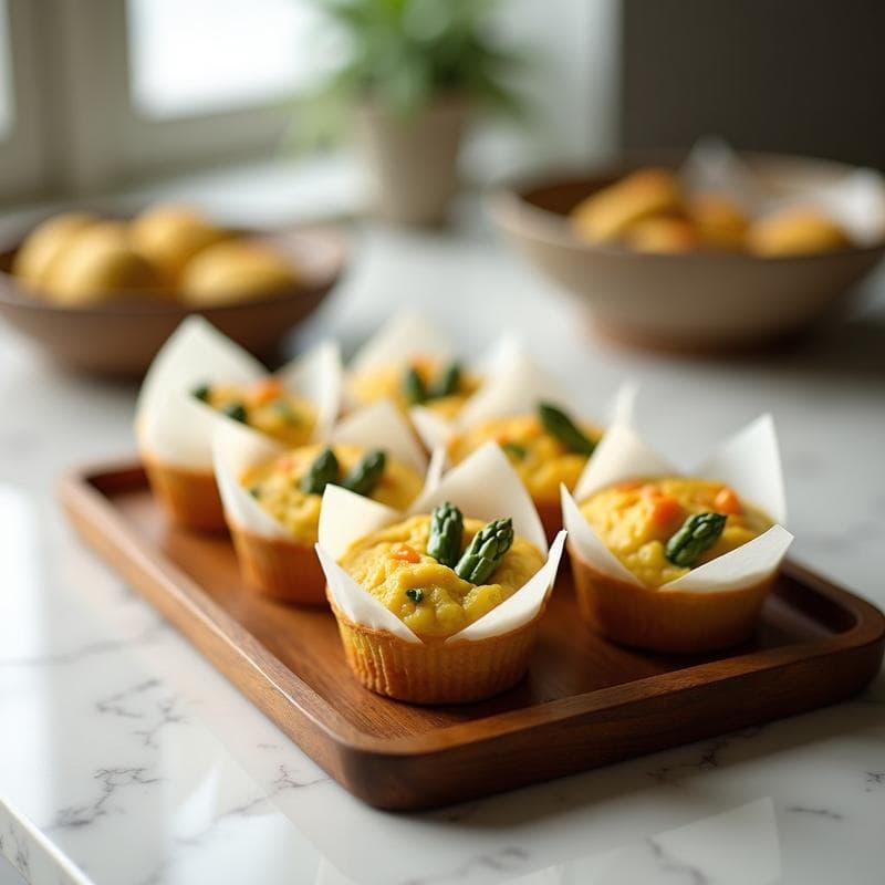 Muffins dorados de espárragos y huevo en cápsulas de papel, con trozos verdes de espárragos asomando. Receta keto en airfryer para tupper, servidos en una bandeja de madera rústica.