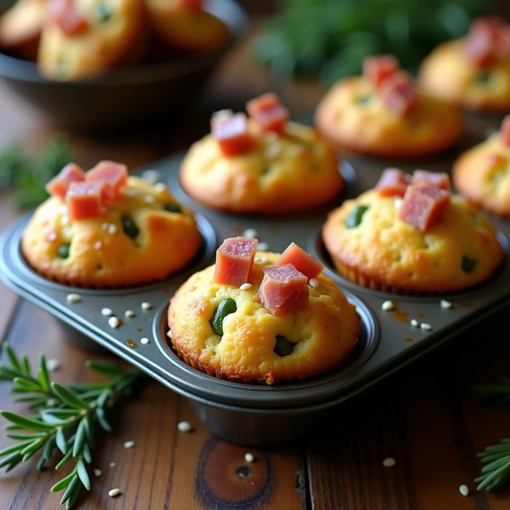 Muffins salados dorados de espárragos y jamón serrano keto sin harina, servidos en molde de metal con trocitos de jamón visibles, fondo rústico de madera y hierbas frescas.