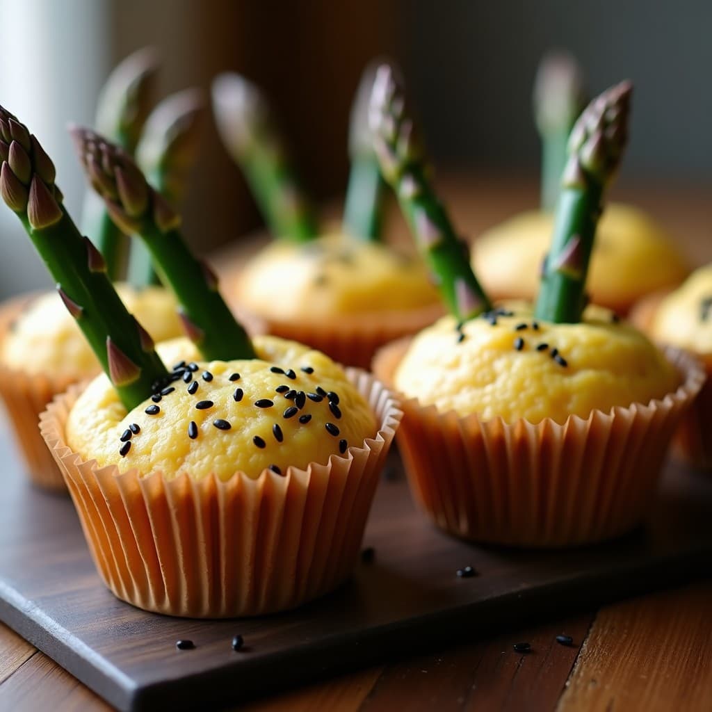 Muffins dorados de espárragos y queso de anacardos en molde de papel, con puntas de espárrago asomando y semillas de sésamo negro por encima, sobre una bandeja de madera rústica con fondo de cocina keto.