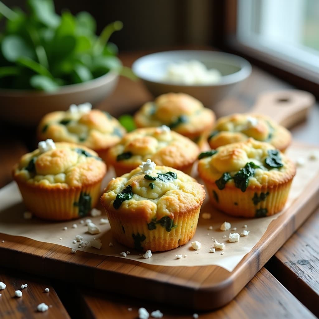 Muffins salados de espinaca y feta recién horneados en olla express, dorados por fuera y esponjosos por dentro, con trozos de queso feta visibles y un toque de cebolla morada. Receta sin harina y alta en proteína.