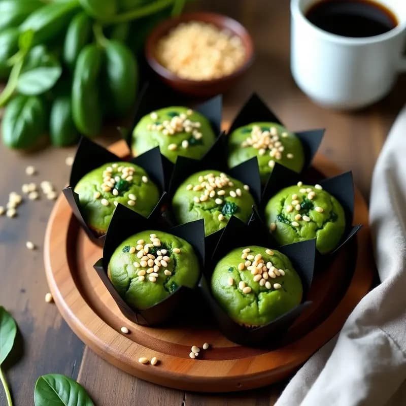Muffins verdes esponjosos con corazón cremoso de queso de almendra y semillas de sésamo doradas, servidos en cápsulas de papel negro sobre una tabla de madera rústica, receta de desayuno proteico y sin gluten.