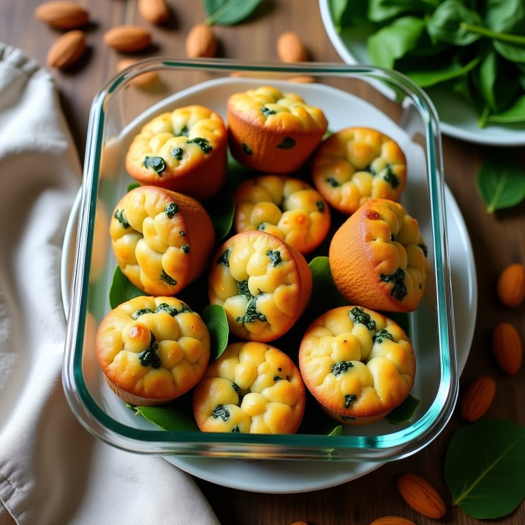 Muffins esponjosos dorados de espinaca y queso de almendras con toque de nuez moscada, servidos en un tupper transparente sobre fondo de madera rústica. Receta keto para tupper.