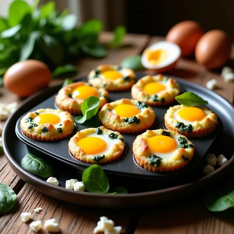 Muffinera con muffins salados dorados de espinaca y queso feta, con corazón líquido de huevo visible al cortarlos, sobre fondo rústico de madera con hierbas frescas.