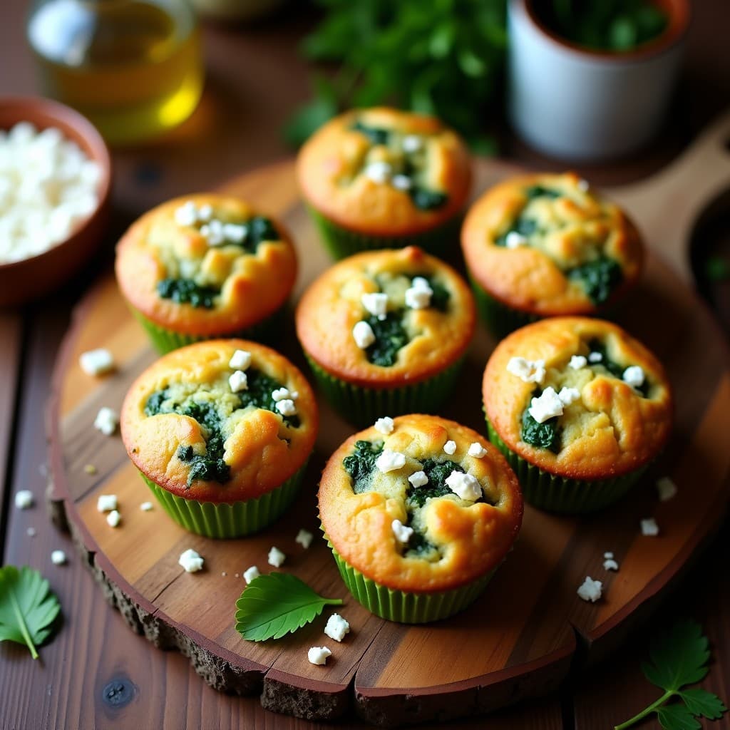 Muffins keto de espinaca y queso feta sin harina en molde de silicona, dorados por fuera y esponjosos por dentro, con trozos visibles de queso feta y espinaca. Servidos en una bandeja de madera con perejil fresco.
