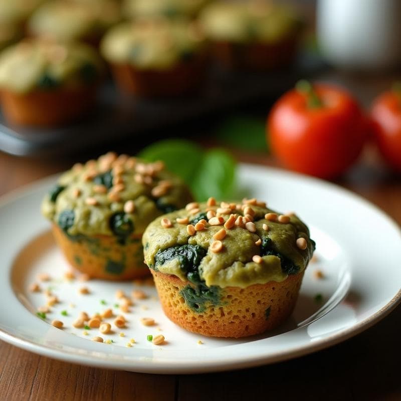 Muffins dorados y esponjosos de espinaca y semillas de cáñamo sobre una bandeja rústica de madera, con semillas visibles en la superficie. Plato de desayuno keto y rico en omega-3.