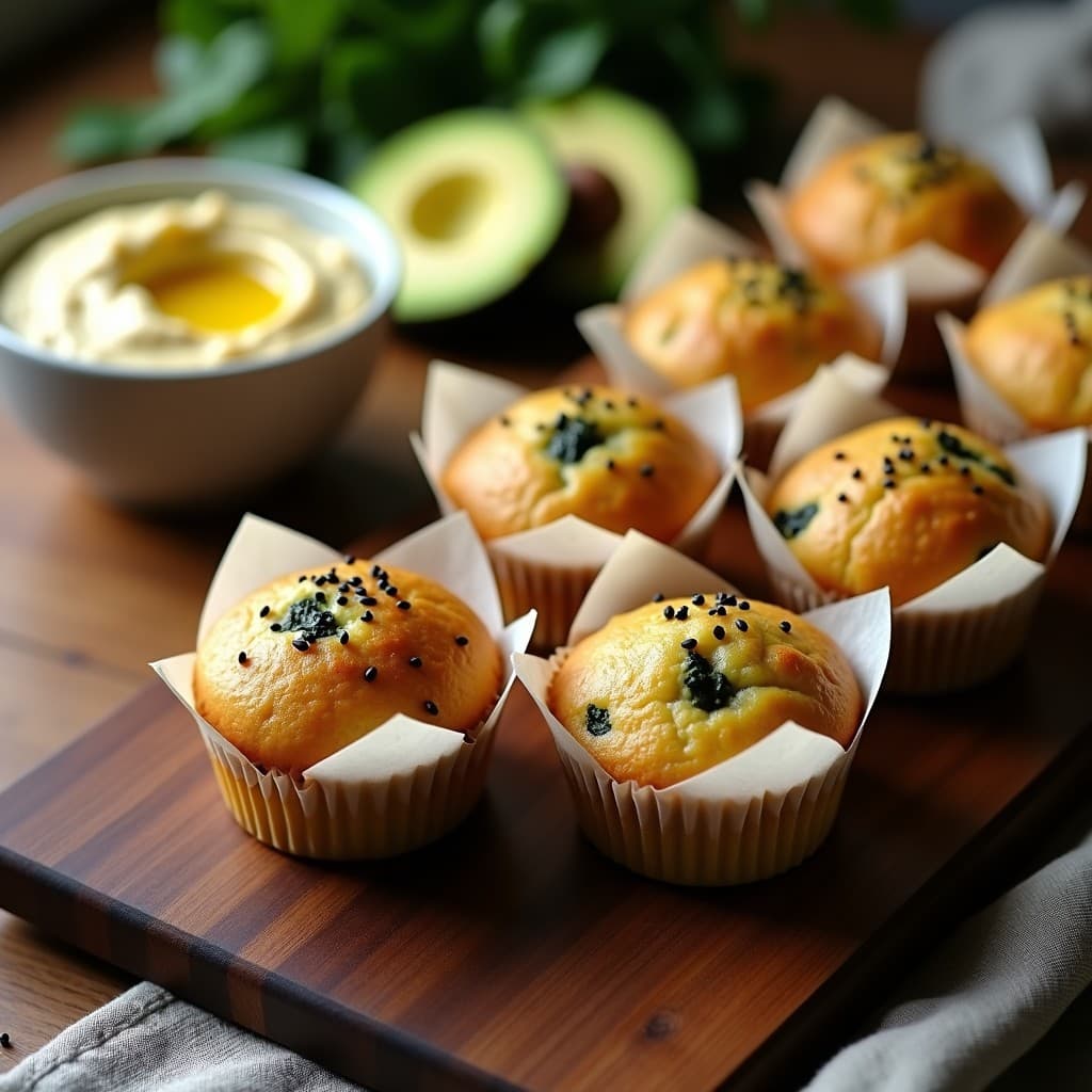 Muffins salados dorados de espinaca y tofu ahumado en molde de papel, con semillas de sésamo negro por encima, servidos sobre una tabla de madera con aguacate en rodajas y hummus.