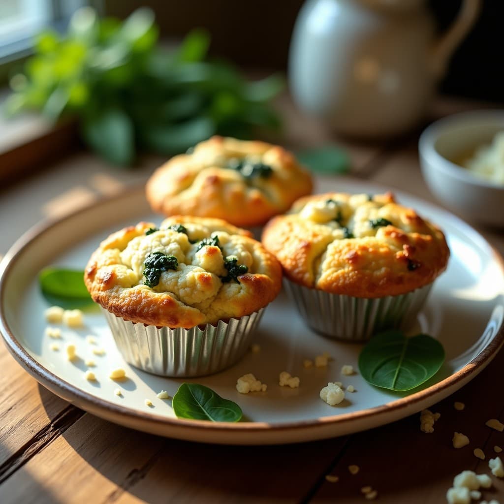 Muffins dorados de espinacas y queso feta con base de coliflor en molde metálico, decorados con semillas de sésamo y trozos de feta. Plato de desayuno sin gluten y alto en proteínas sobre fondo de madera rústica.
