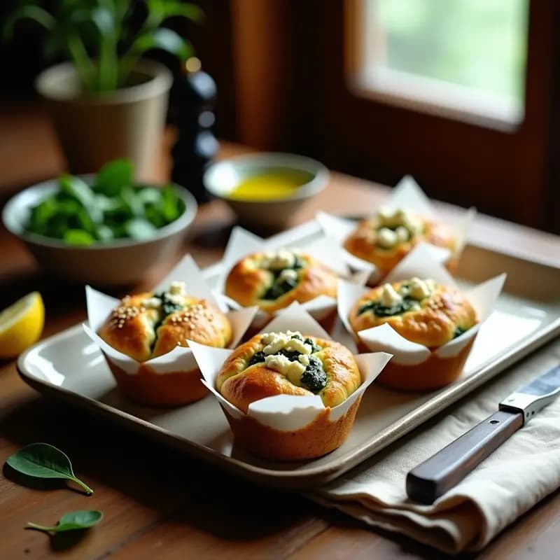Muffins dorados de espinacas y feta griegos en molde de papel, con semillas de sésamo tostadas por encima, servidos en bandeja de madera rústica con fondo de telas blancas y aceitunas kalamata.
