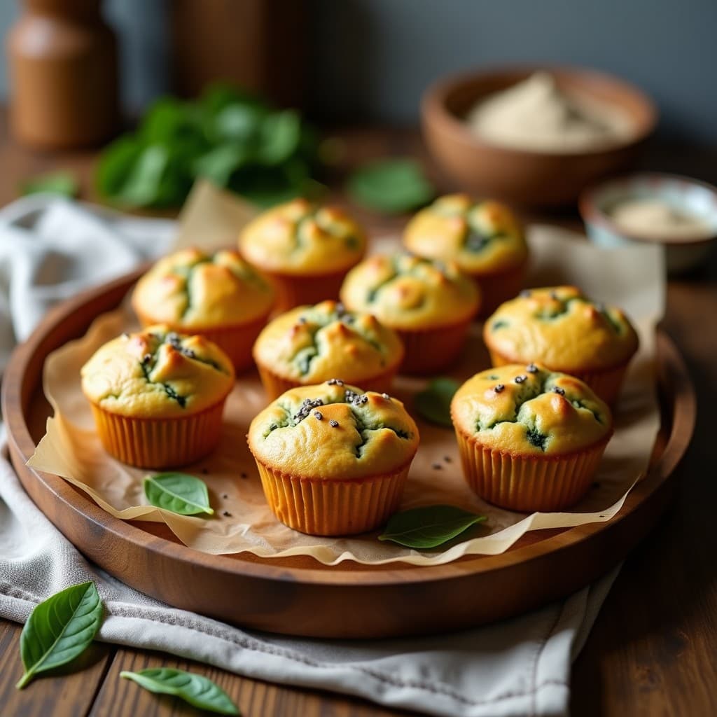 Muffins dorados y esponjosos de espinacas y harina de almendra, con semillas de chía visibles, servidos en una bandeja de madera rústica con un paño de lino. Receta keto sin lactosa, ideal para desayunos saludables.