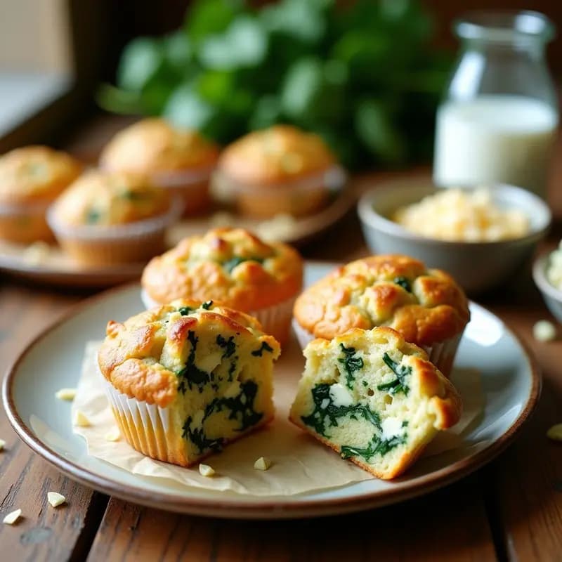 Muffins salados dorados de espinacas y queso de almendras sin lactosa, servidos en moldes de papel con migas crujientes. Receta casera para desayunos o meriendas.