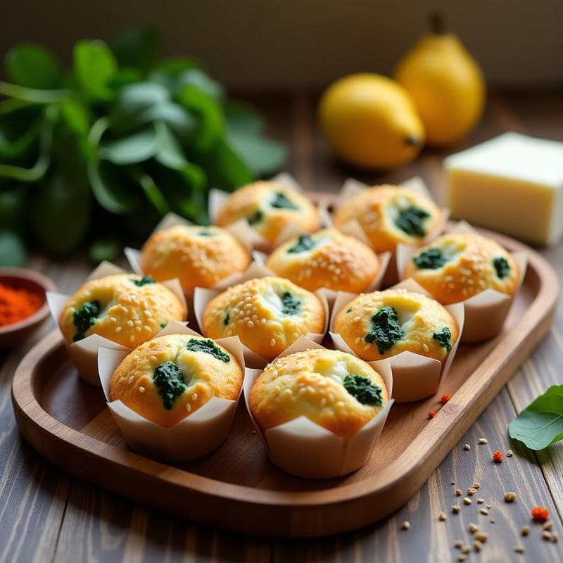 Muffins salados dorados de espinacas y queso de altramuces sin harina, servidos en una fuente de cerámica blanca con hierbas frescas alrededor, receta española tradicional.