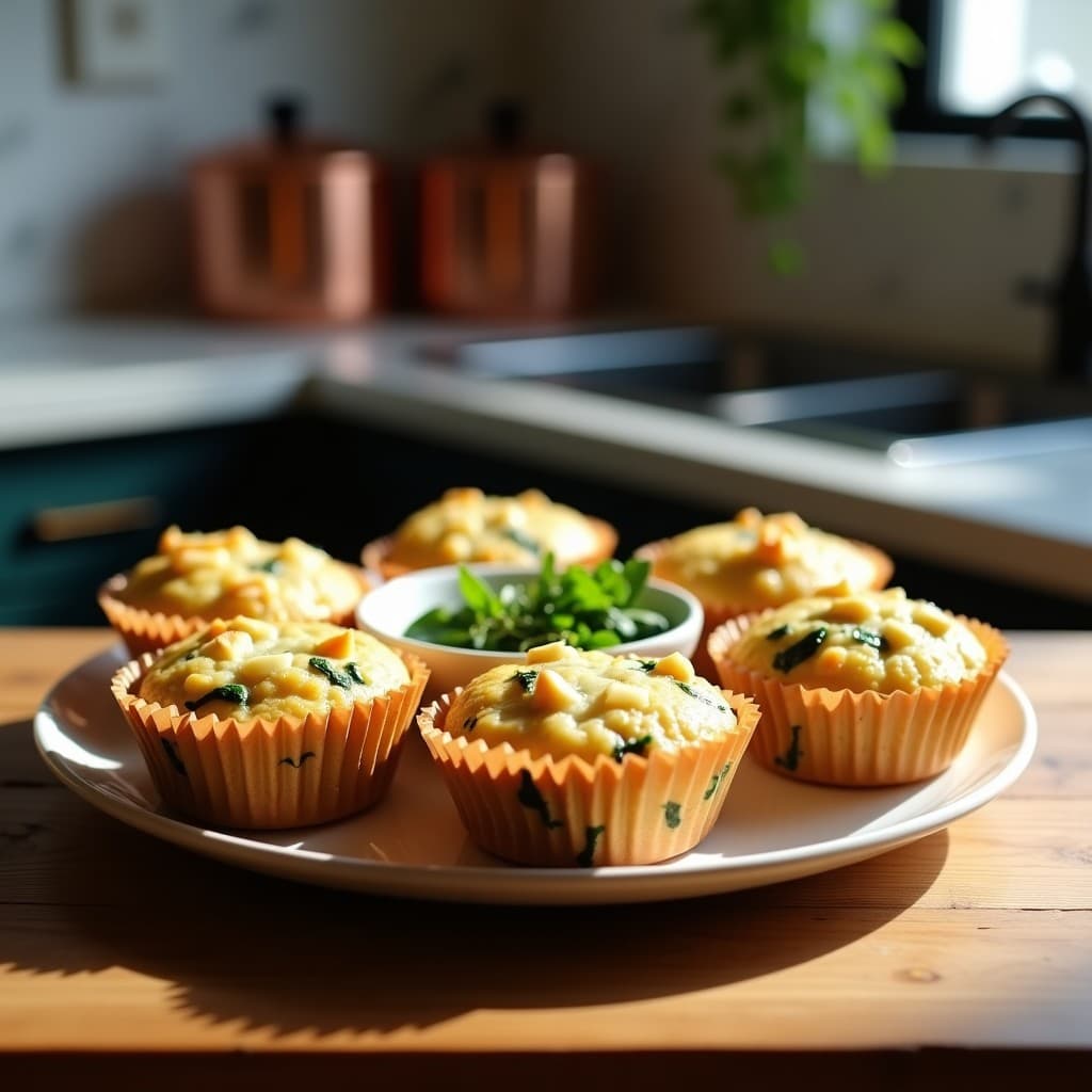 Muffins keto dorados de espinacas y queso de cabra en molde de silicona, con trocitos de nueces y queso cremoso visible en la superficie, servidos sobre tabla de madera rústica con fondo desenfocado.