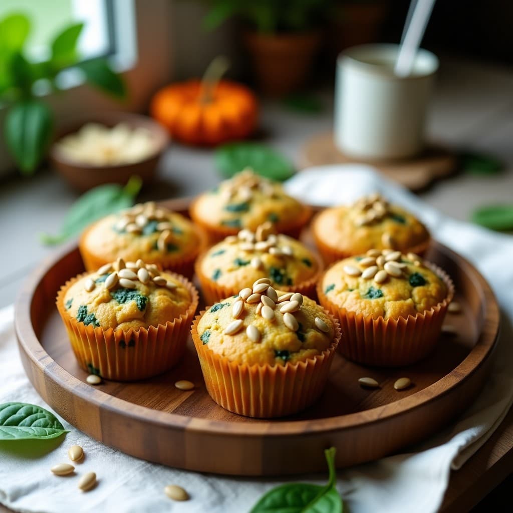 Muffins veganos dorados con trozos de espinacas verdes y semillas de calabaza crujientes en la superficie, servidos en una bandeja de madera rústica. Receta de muffins de espinacas y queso de castañas con semillas de calabaza, desayuno proteico y saludable.