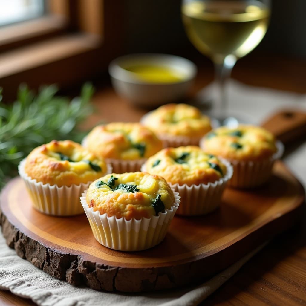 Muffins dorados de espinacas y queso de oveja sin gluten en molde de silicona, con textura esponjosa y trozos de queso visibles, servidos en bandeja de madera con hierbas frescas al lado. Receta francesa en airfryer.