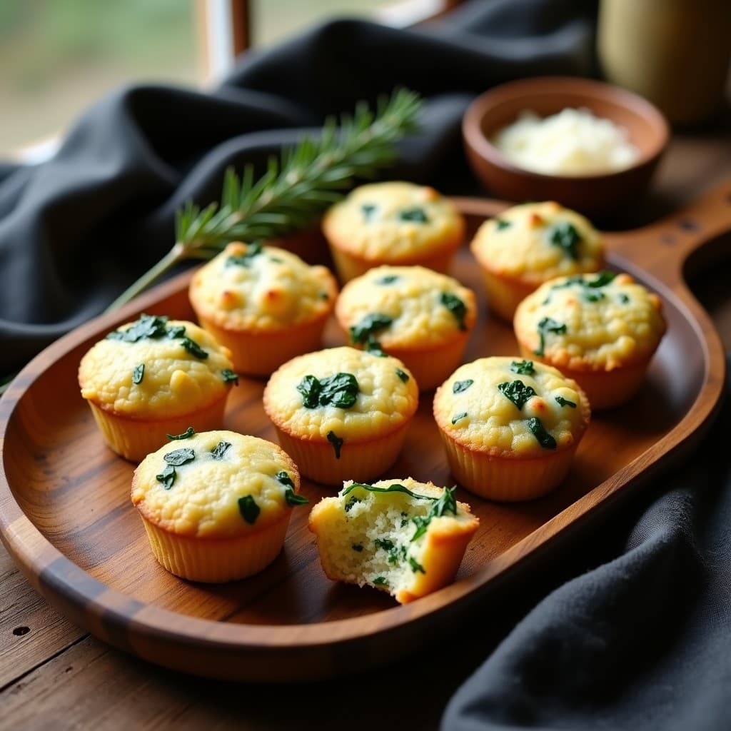 Muffins salados keto de espinacas y queso de oveja en bandeja de madera, dorados por fuera con trocitos de queso fundido y espinacas visibles. Ideal para llevar al trabajo.