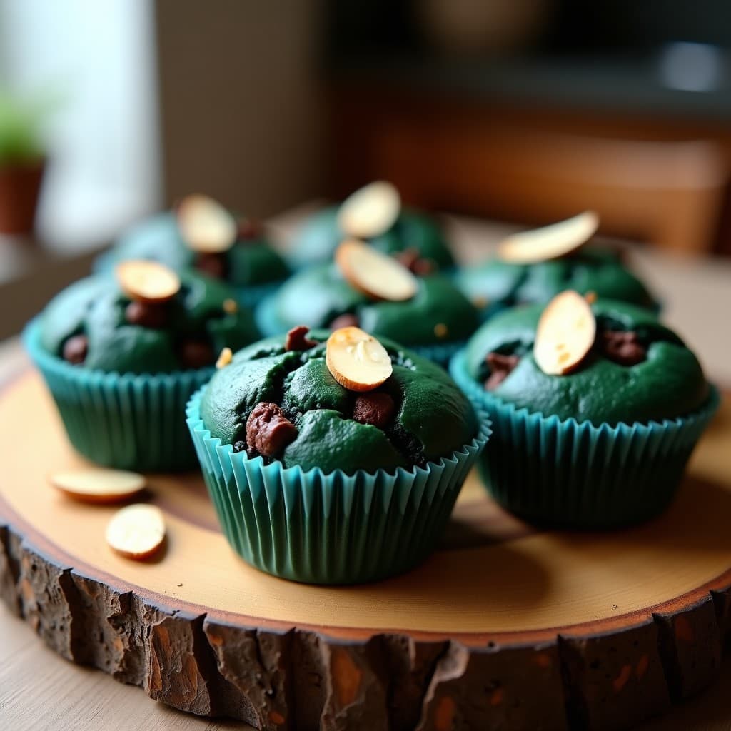 Muffins esponjosos de color verde azulado por la espirulina, con trozos de chocolate negro fundido y almendras fileteadas doradas en la superficie. Presentados en moldes de silicona sobre una bandeja de madera, con un fondo borroso que resalta su textura húmeda y apetecible. Receta de snack superalimento sin azúcar en airfryer.