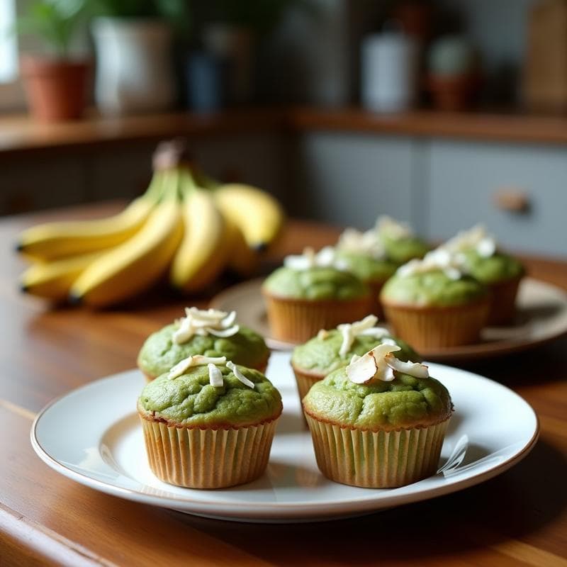 Muffins verdes esponjosos de espirulina y plátano con chips de coco dorado por encima, servidos en moldes de papel sobre una tabla de madera rústica, desayuno vegano y energético.