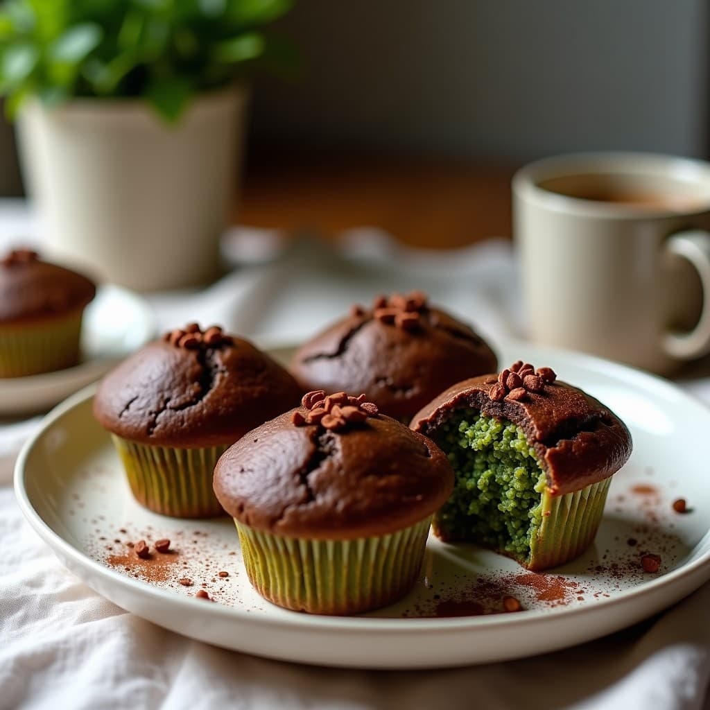 Muffins sin horno de espirulina y plátano con cobertura brillante de cacao, servidos en molde de silicona sobre tabla de madera rústica, decorados con semillas de chía y trozos de nuez pecana.