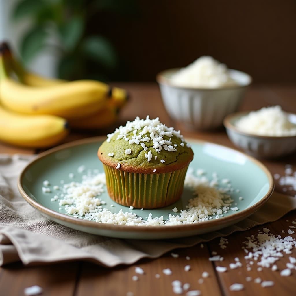 Muffins esponjosos de color verde claro con topping dorado de coco rallado, servidos en cápsulas de papel blanco sobre una tabla de madera. Desayuno superalimento vegano y sin gluten preparado en Thermomix.