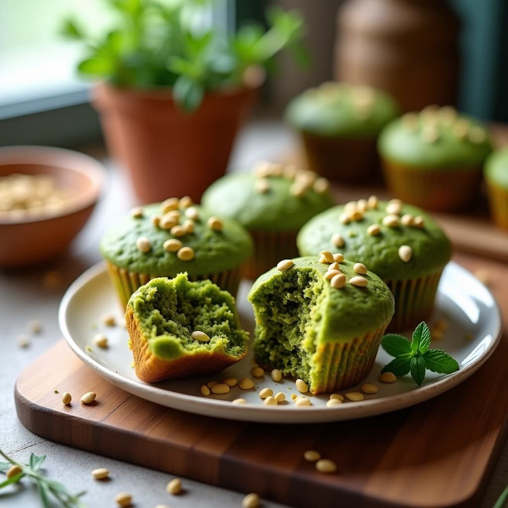 Muffins veganos de espirulina y zanahoria en airfryer, con color verde vibrante y semillas de girasol tostadas en la superficie, servidos en moldes de silicona sobre un fondo rústico de madera. Receta alta en proteína y sin gluten.