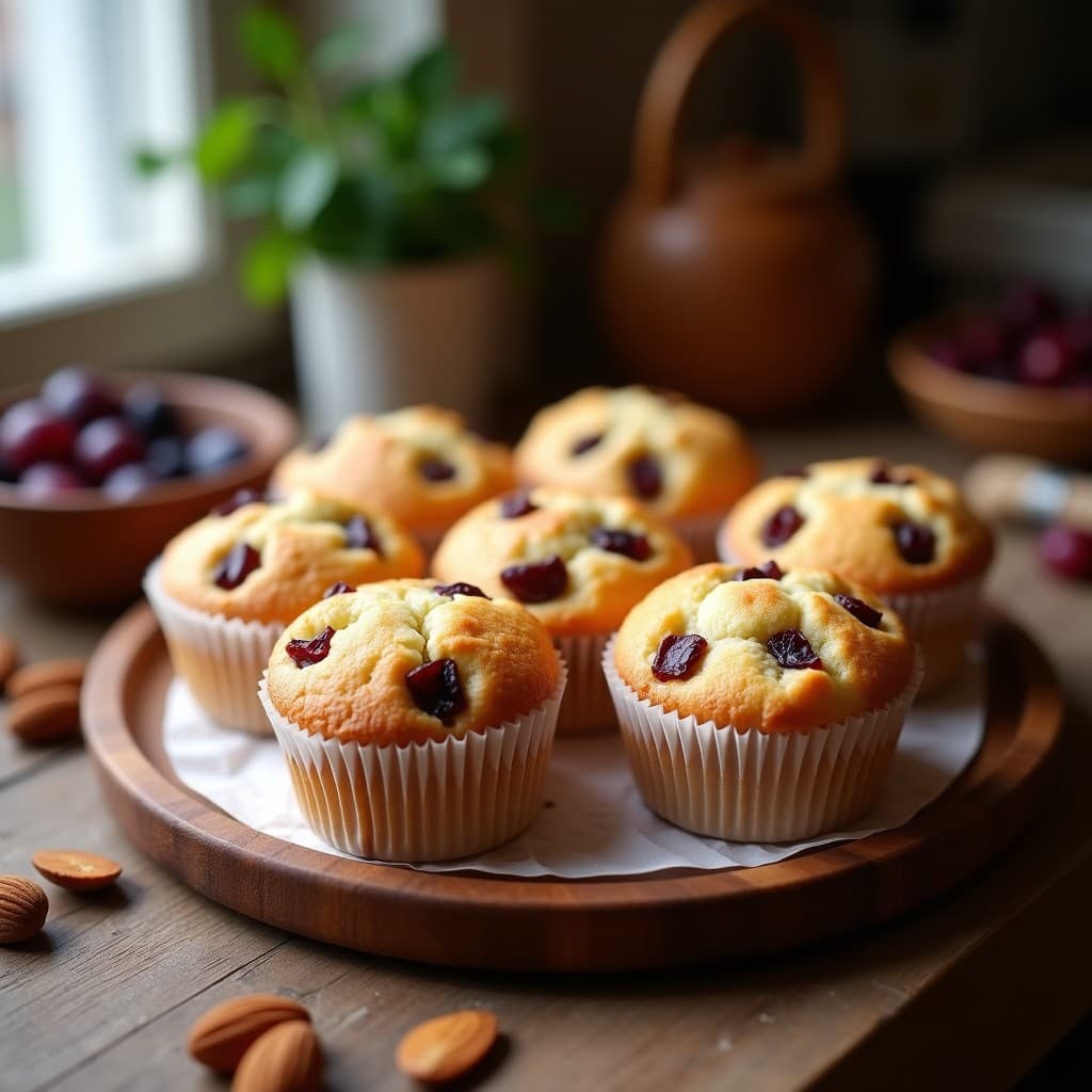 Muffins keto de harina de almendra y ciruelas pasas en cápsulas de papel, dorados y esponjosos, con trozos de ciruela visible en la superficie, servidos en una bandeja de madera rústica.