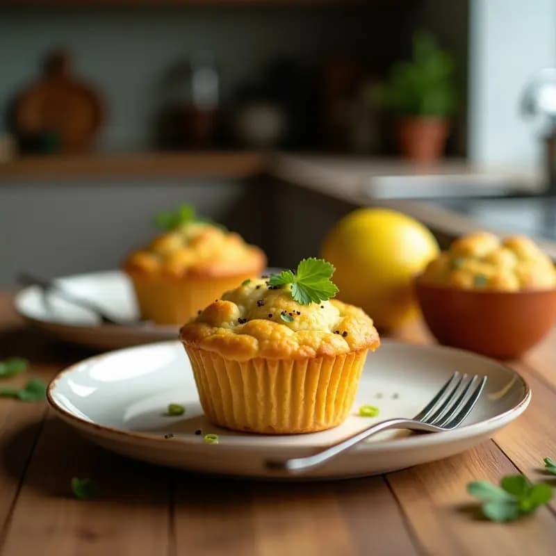 Muffins dorados y esponjosos de harina de almendra con trocitos de zacate de limón, servidos en cápsulas de papel sobre una rejilla de metal, receta keto sin azúcar.