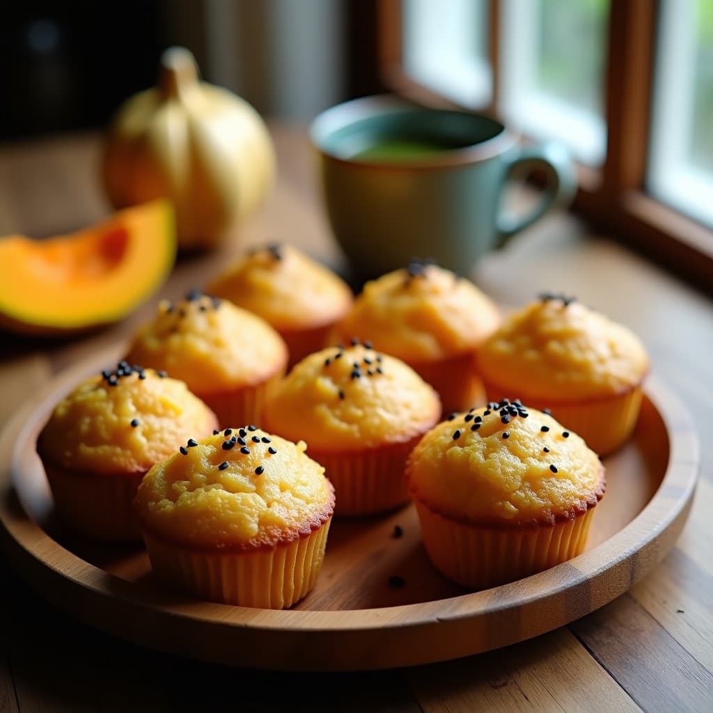 Muffins dorados de harina de arroz integral y calabaza kabocha, con semillas de sésamo negro en la superficie, servidos en una bandeja de madera con té matcha al fondo.
