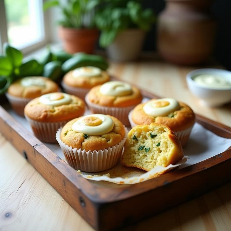 Muffins dorados de harina de arroz y zucchini con queso de anacardos en molde de papel, servidos en una bandeja de madera con hierbas frescas al lado. Receta sin gluten en airfryer.