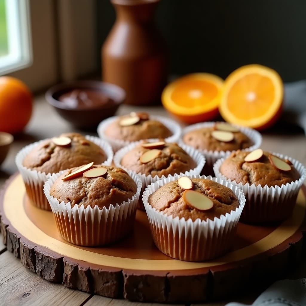 Muffins dorados de harina de castaña y chocolate 90% con toque de naranja amarga, esponjosos y con almendras fileteadas en la superficie, servidos en moldes de papel sobre una tabla de madera rústica.