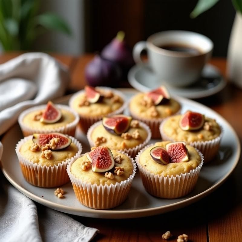 Muffins dorados de harina de castaña con trozos de higos frescos y nueces, servidos en cápsulas de papel sobre una tabla de madera rústica, desayuno sin gluten y sin lácteos.