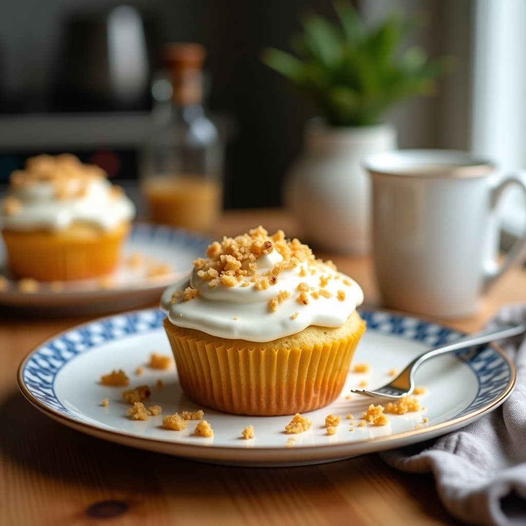 Muffins esponjosos de harina de coco con trozos de maracuyá, coronados con un frosting cremoso de yogur griego y decorados con semillas de chía, sobre una tabla de madera rústica con fondo borroso.