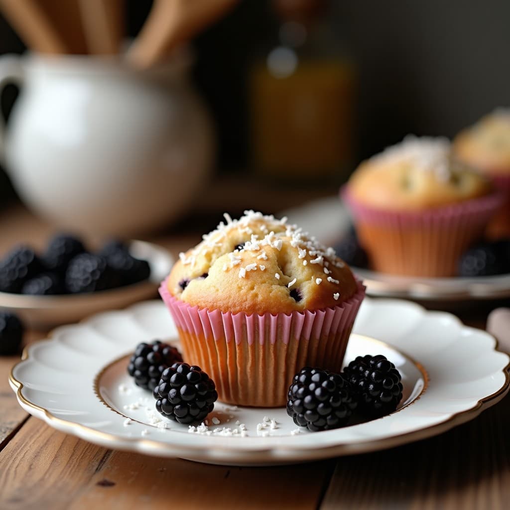 Muffins dorados de harina de coco con zarzamoras frescas en la superficie, decorados con almendras fileteadas y semillas de chía, servidos en cápsulas de papel sobre una tabla de madera rústica.