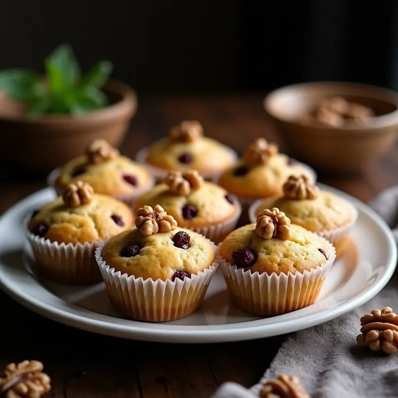 Muffins dorados y esponjosos de harina de cricket y plátano macho, con trocitos de nueces y arándanos secos en la superficie, servidos en cápsulas de papel sobre una tabla de madera rústica, receta alta en proteína para Thermomix.
