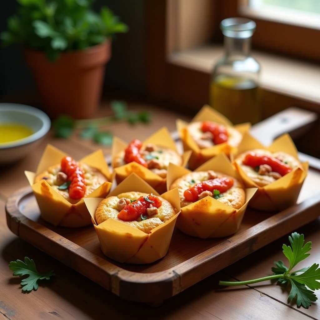 Muffins salados dorados en cápsulas de papel, rellenos de atún y pimiento piquillo, con trozos de queso manchego fundido en la superficie, servidos en una bandeja de madera rústica con fondo de cocina española.