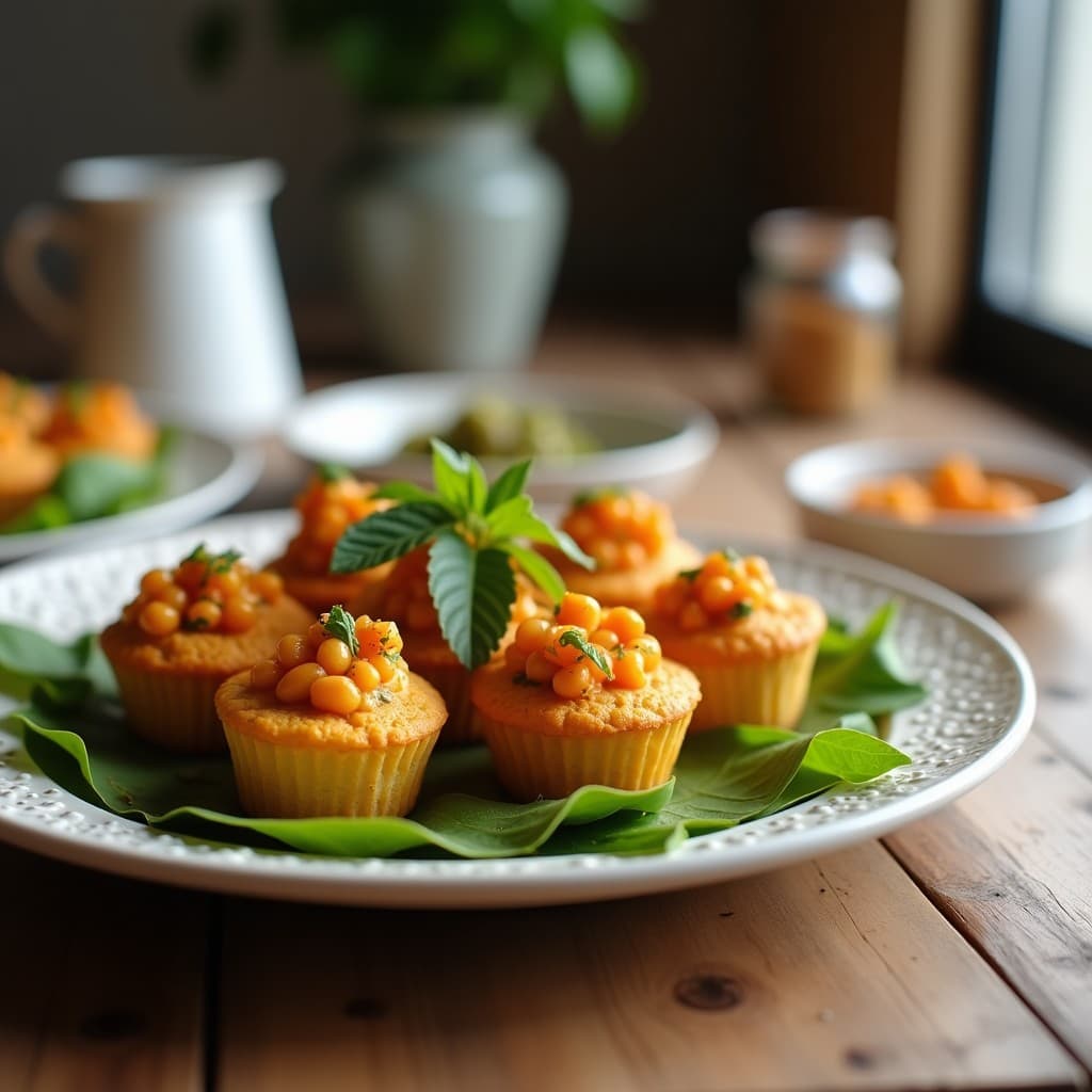Muffins salados dorados de harina de garbanzo y aceitunas Taggiasche en cápsulas de papel, decorados con piñones tostados y albahaca fresca, servidos en una bandeja de madera rústica con fondo de cocina italiana.