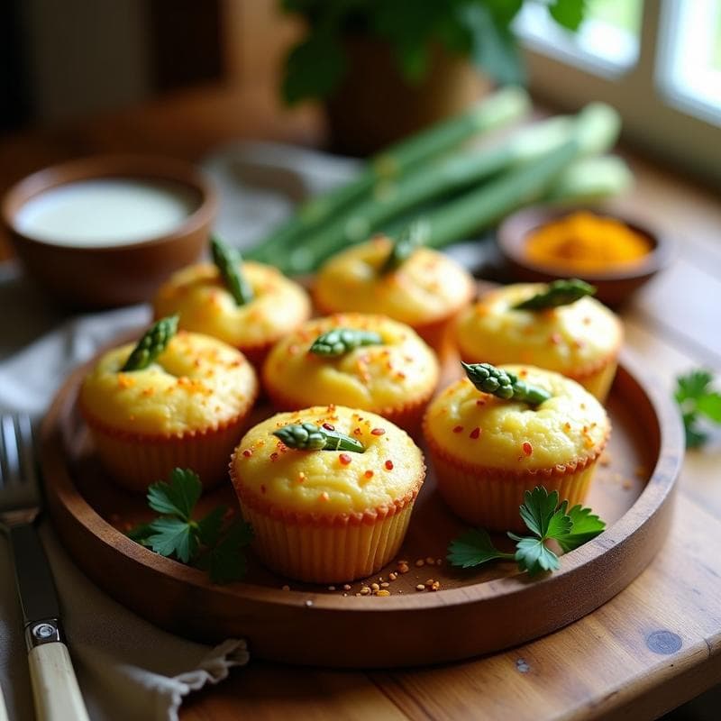 Muffins salados dorados de harina de garbanzo con trozos de espárragos trigueros y semillas de sésamo, servidos en una bandeja de madera con toques de azafrán y perejil fresco. Receta sin gluten para tuppers.