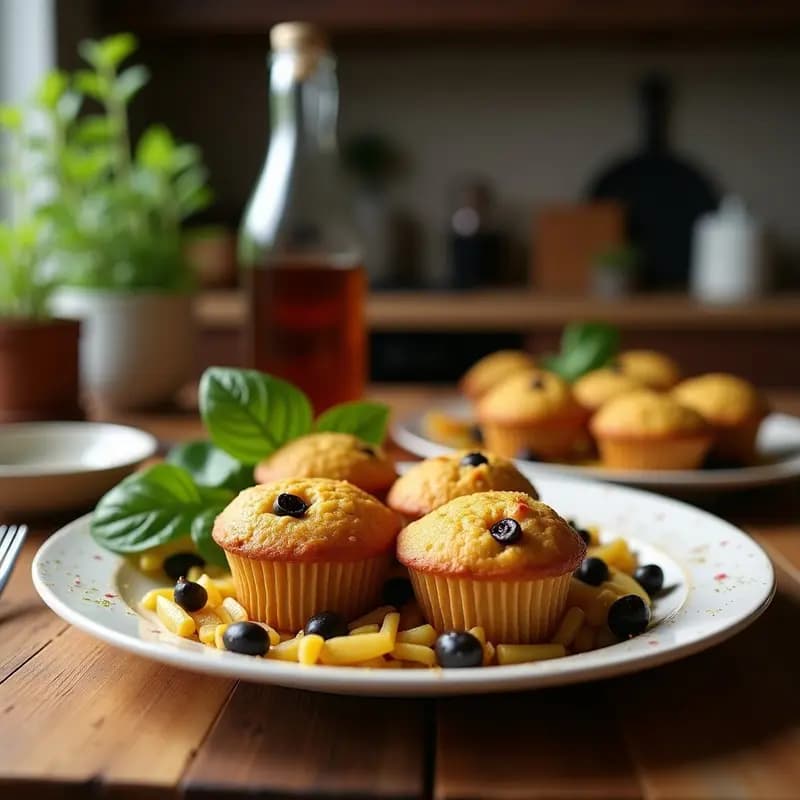 Muffins dorados de harina de guisante y calabacín con trozos de aceituna Kalamata sobre una tabla de madera rústica, acompañados de perejil fresco y un plato de desayuno mediterráneo.