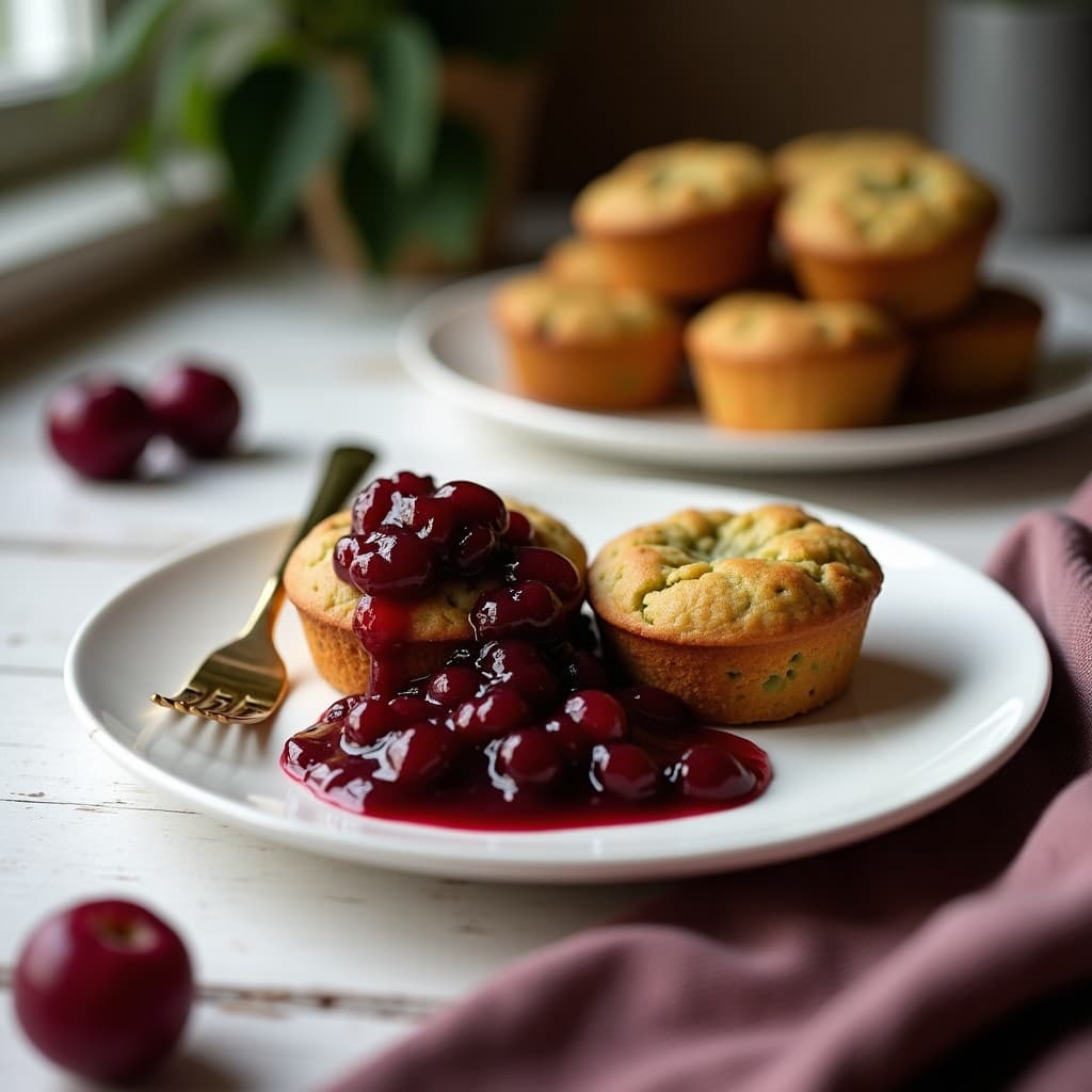 Muffins dorados de harina de guisante con trozos de compota de ciruela, decorados con almendras fileteadas, servidos en un plato de cerámica blanca sobre un mantel rústico. Desayuno keto sin harina y rico en fibra.